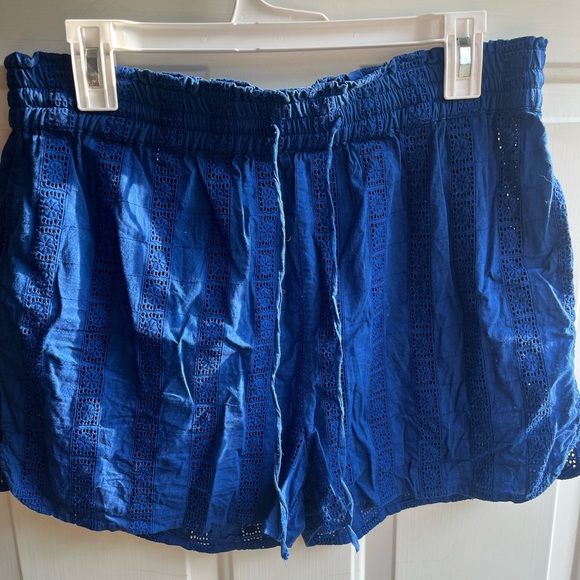 MNG Mango Women’s Cobalt Blue Sheer Eyelet Tie Waist Pull On Shorts Sz Medium - Picture 1 of 6